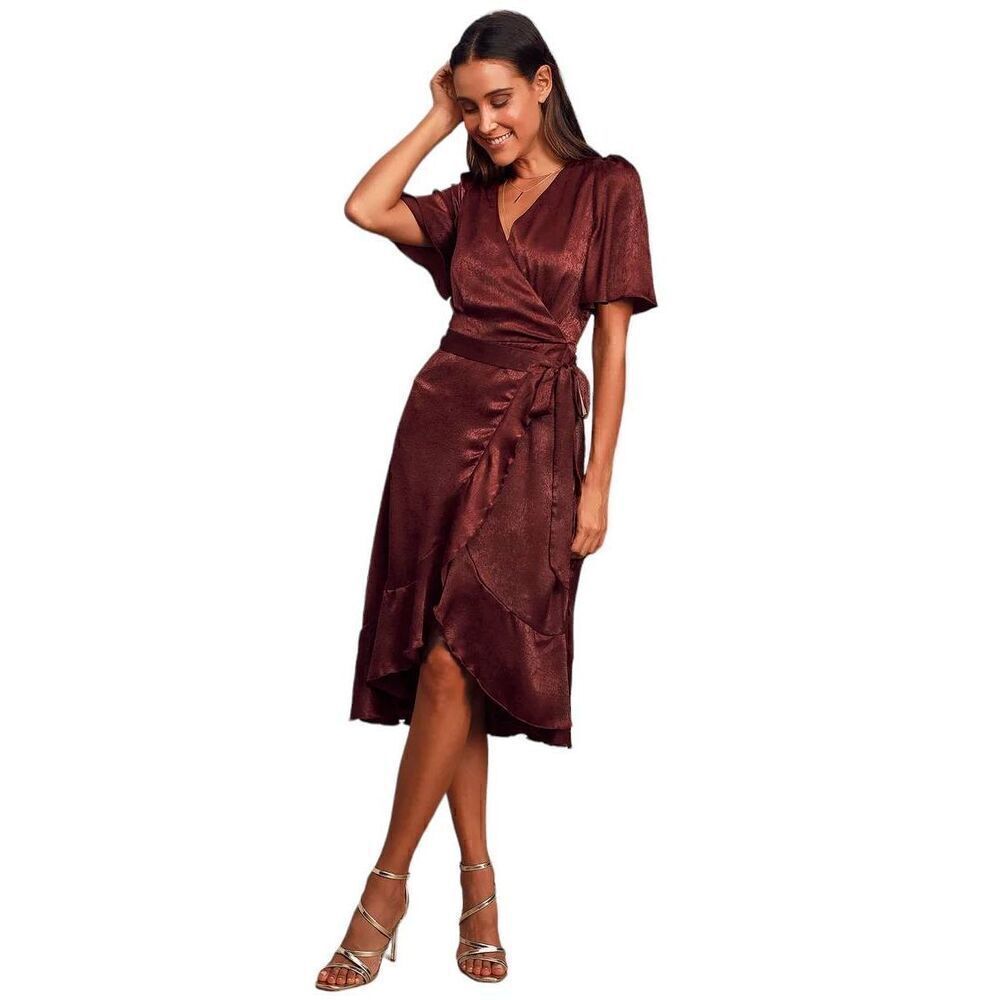 Lulu's Satin Wrap Midi Dress in Deep Burgundy